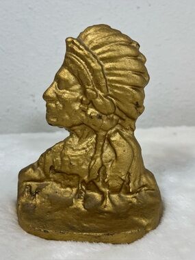 Vintage Native American Bust Bookend Cast Metal Gold Western Decor
